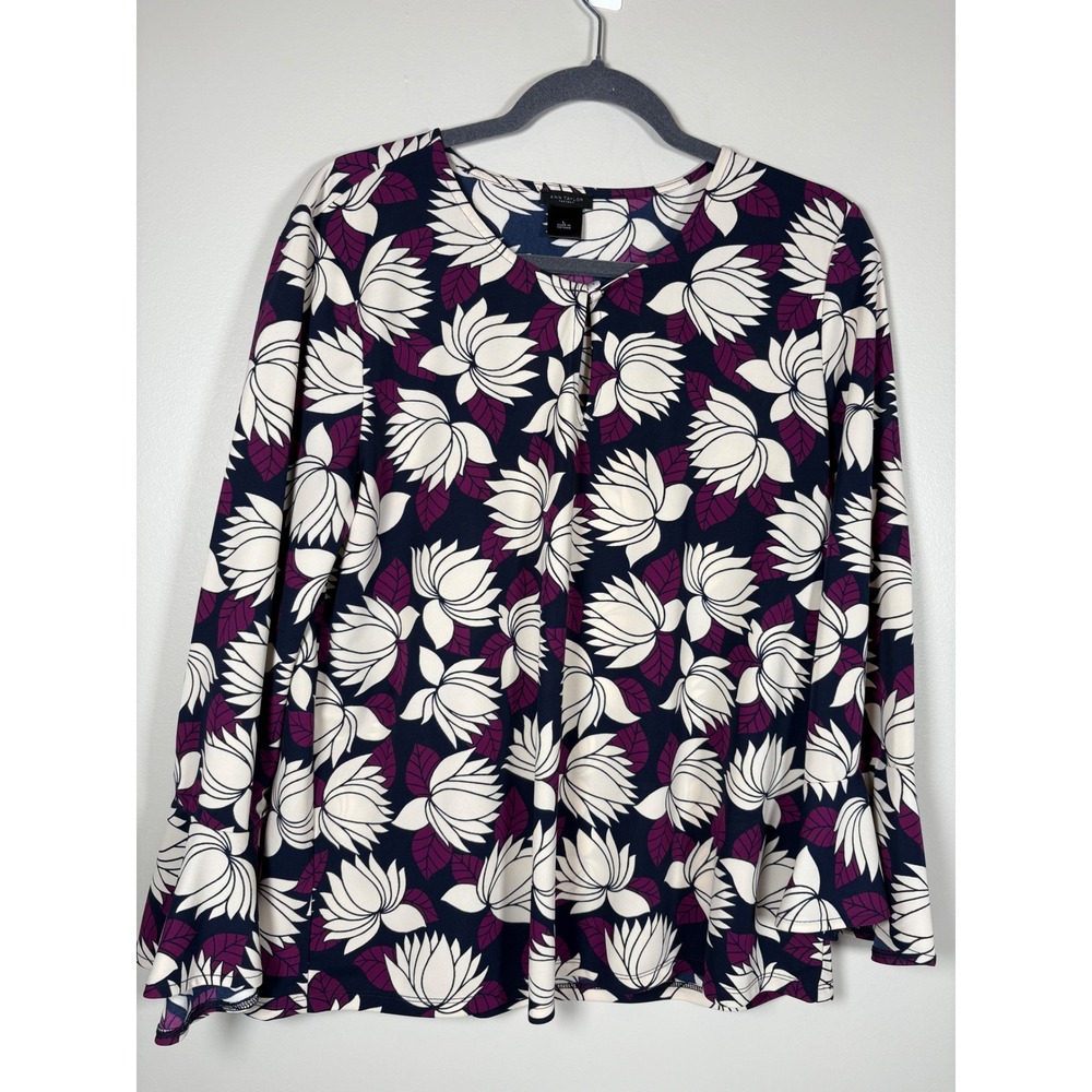 Ann Taylor Factory Womens Blue Purple Lotus Floral Bell Sleeve Keyhole Blouse L